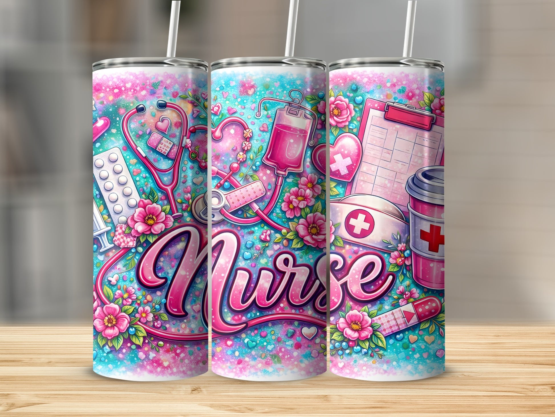Nurse tumbler with medical icons and floral accents.