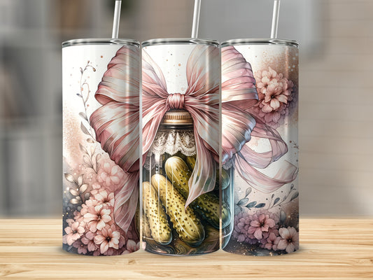 Three tumblers with pickle jar design and floral accents, tied with a pink bow.