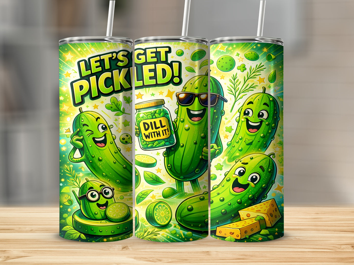 Cartoon pickles with sunglasses and cheese on a cylindrical tumbler.