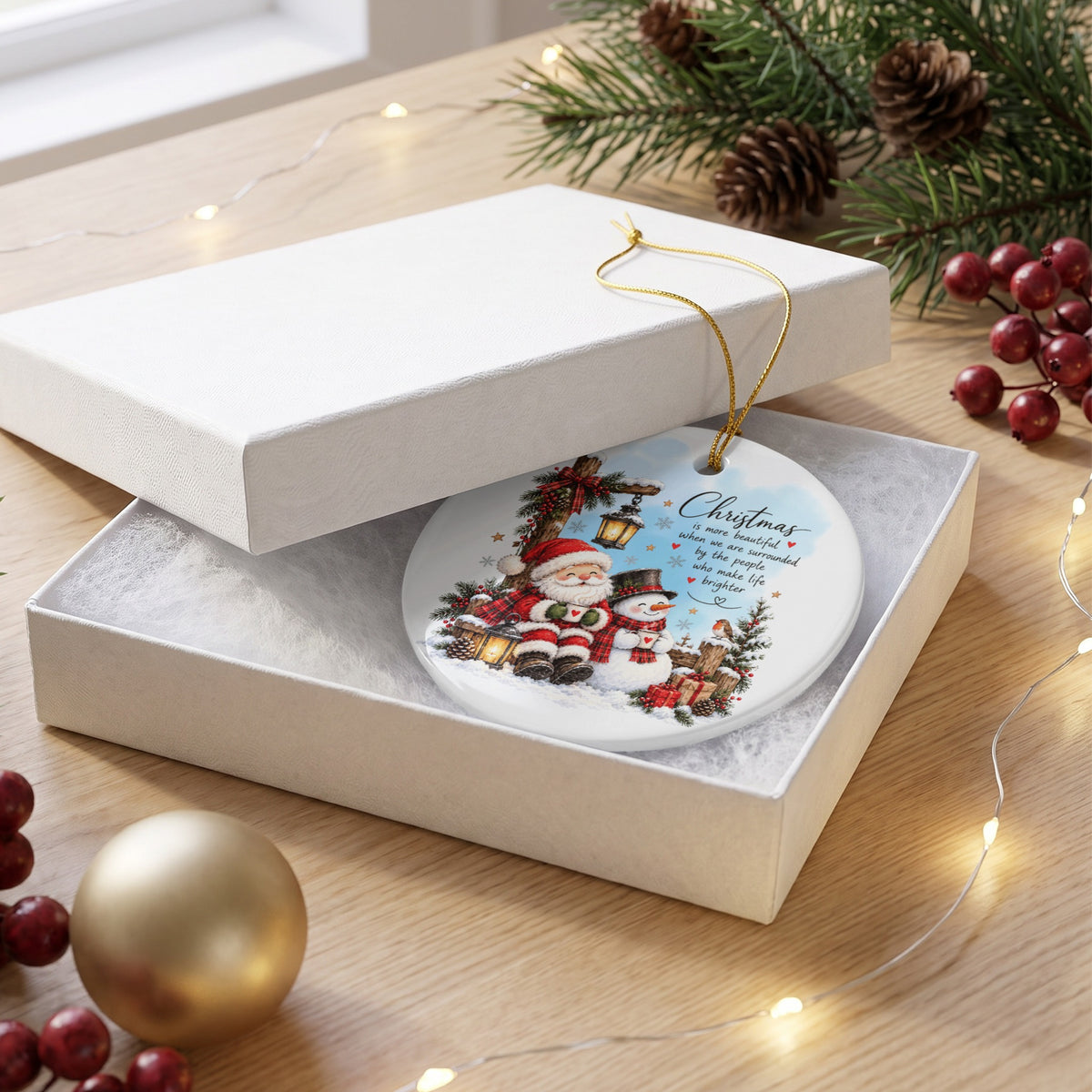 A round white ceramic Christmas ornament with a Santa and snowman design inside a white gift box.