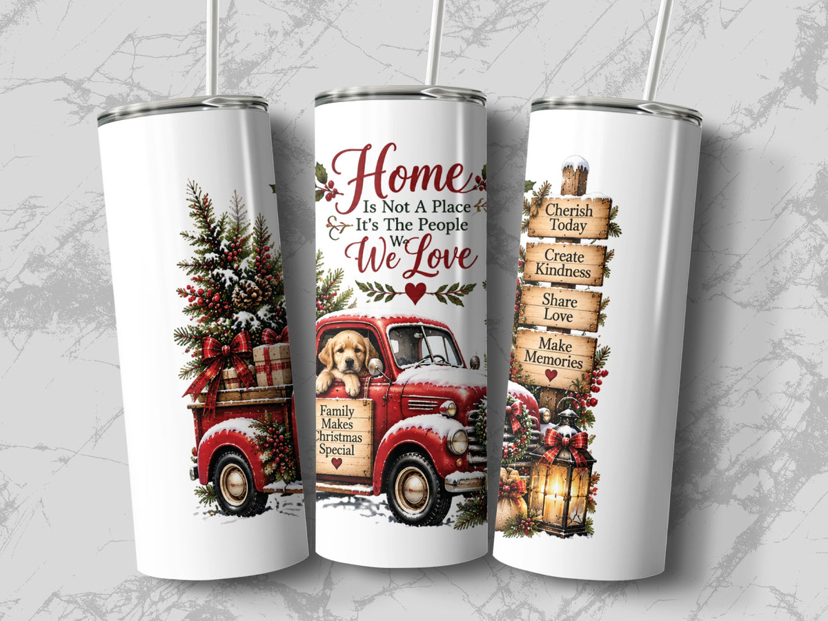 Three white tumblers with straws feature Christmas red truck designs, a puppy, and inspirational text.