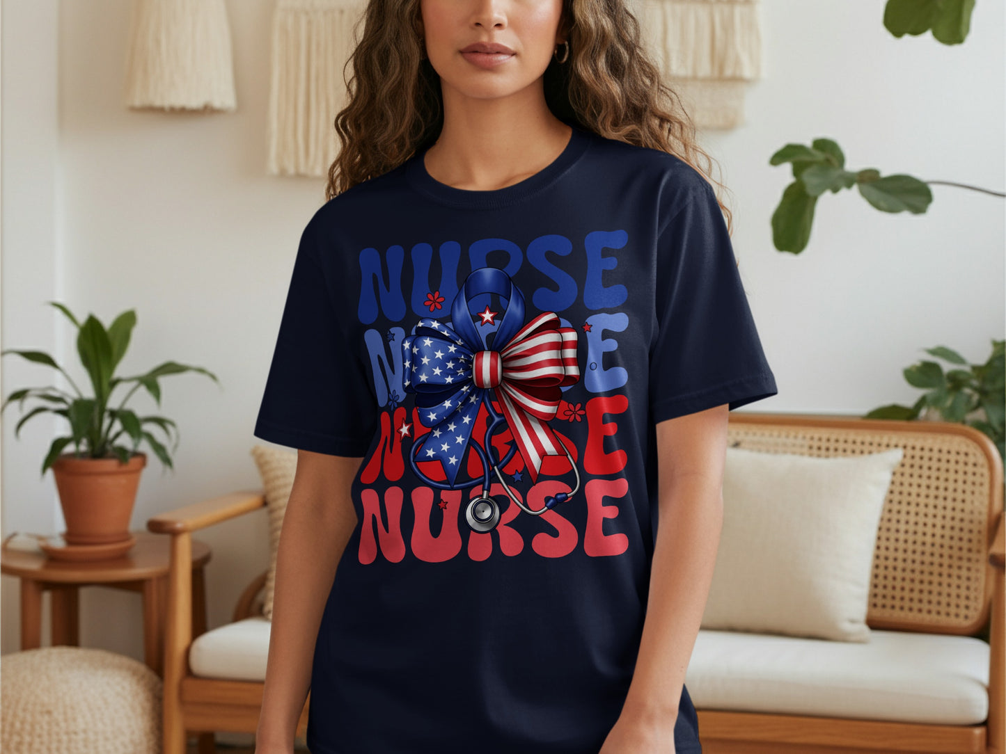 Navy t-shirt with patriotic bow and "NURSE" text.