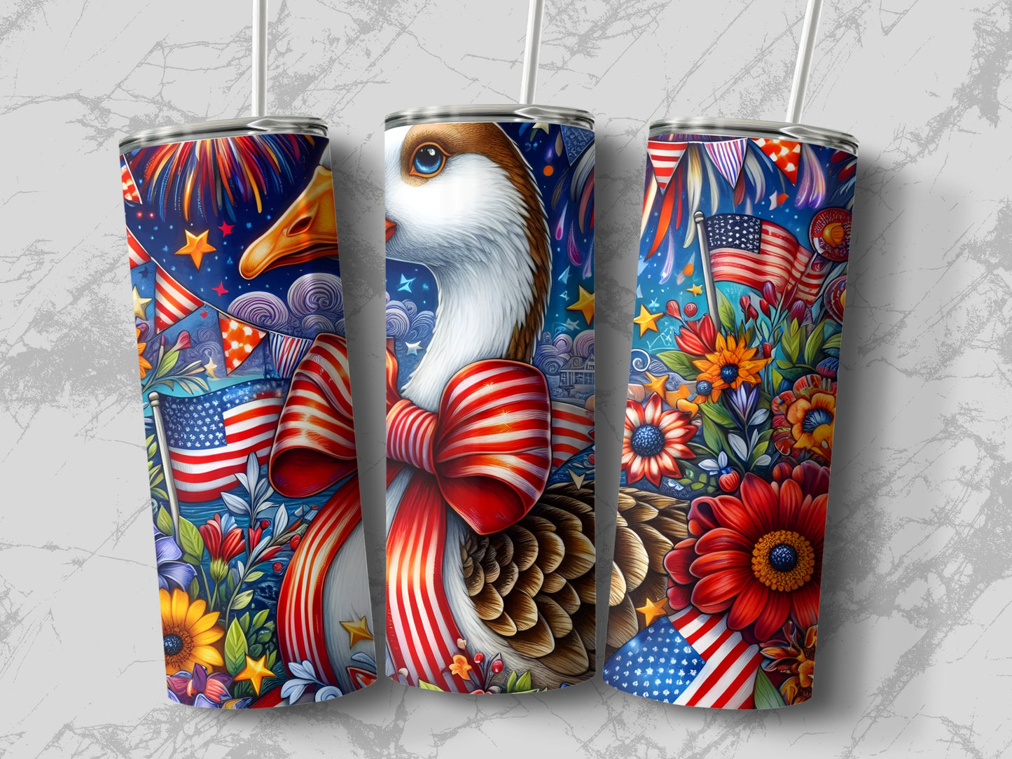 Patriotic goose tumbler with fireworks, flags, and flowers.