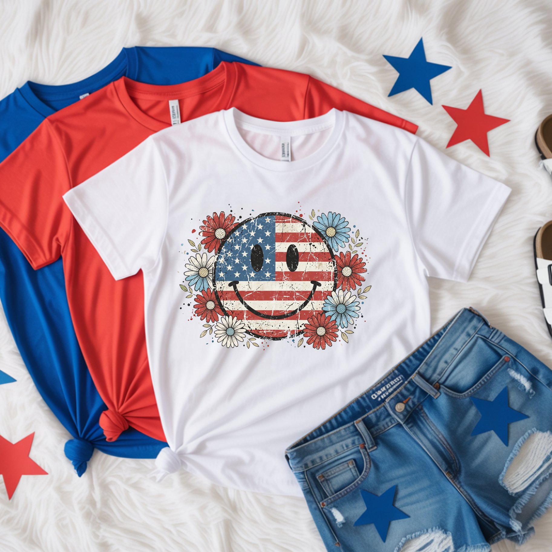 White t-shirt with American flag smiley face design, red and blue shirts, and denim shorts on a white background with stars.