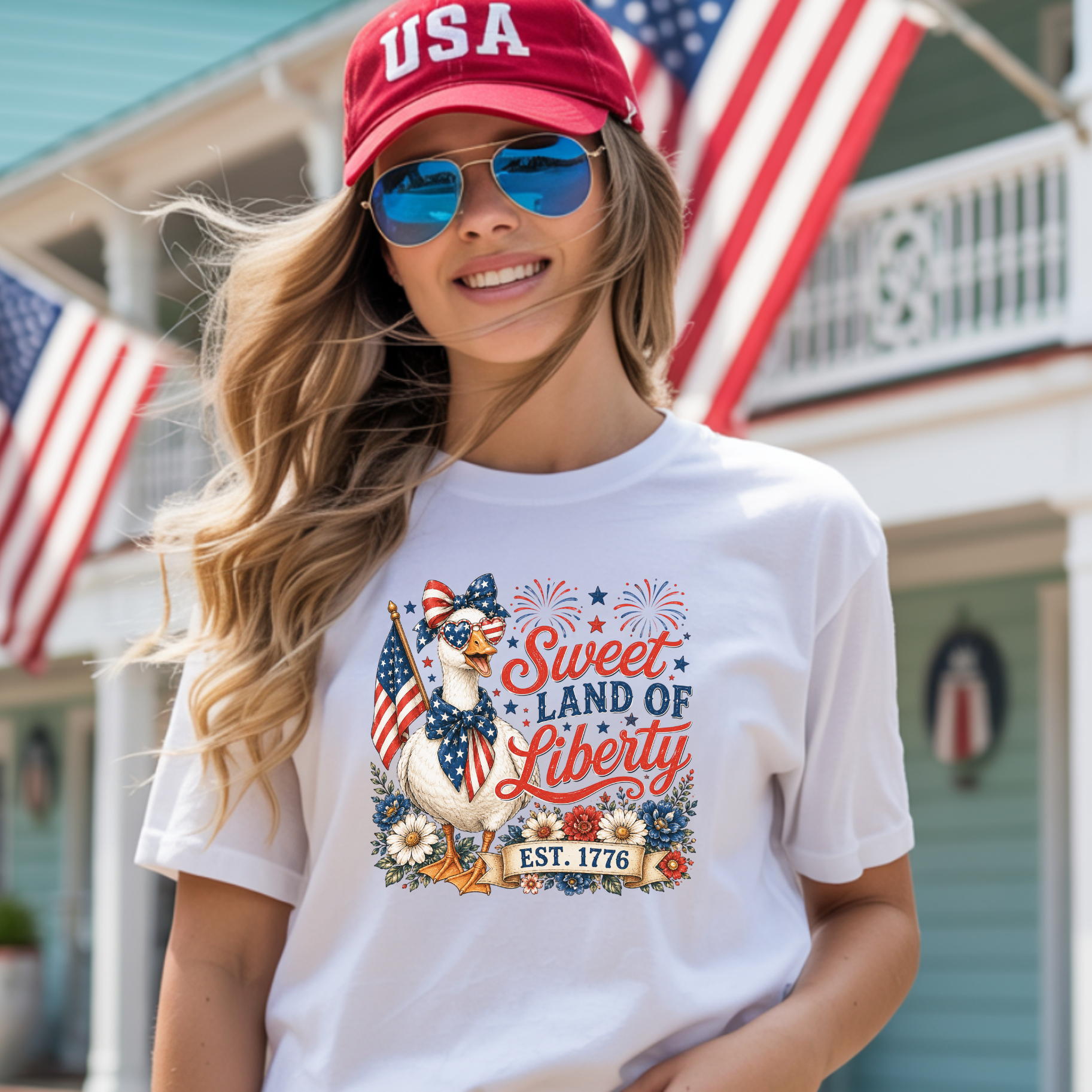 Woman wearing a white t-shirt with a patriotic design, red cap, and sunglasses in front of an American flag.