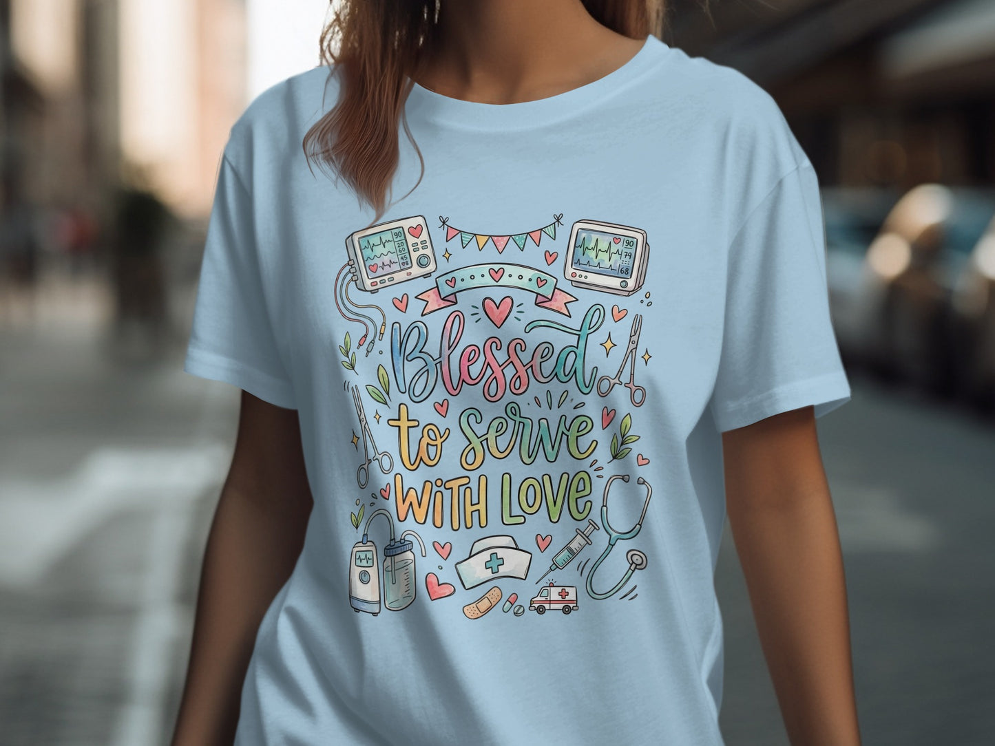 T-shirt with "Blessed to serve WITH LOVE" and medical graphics.