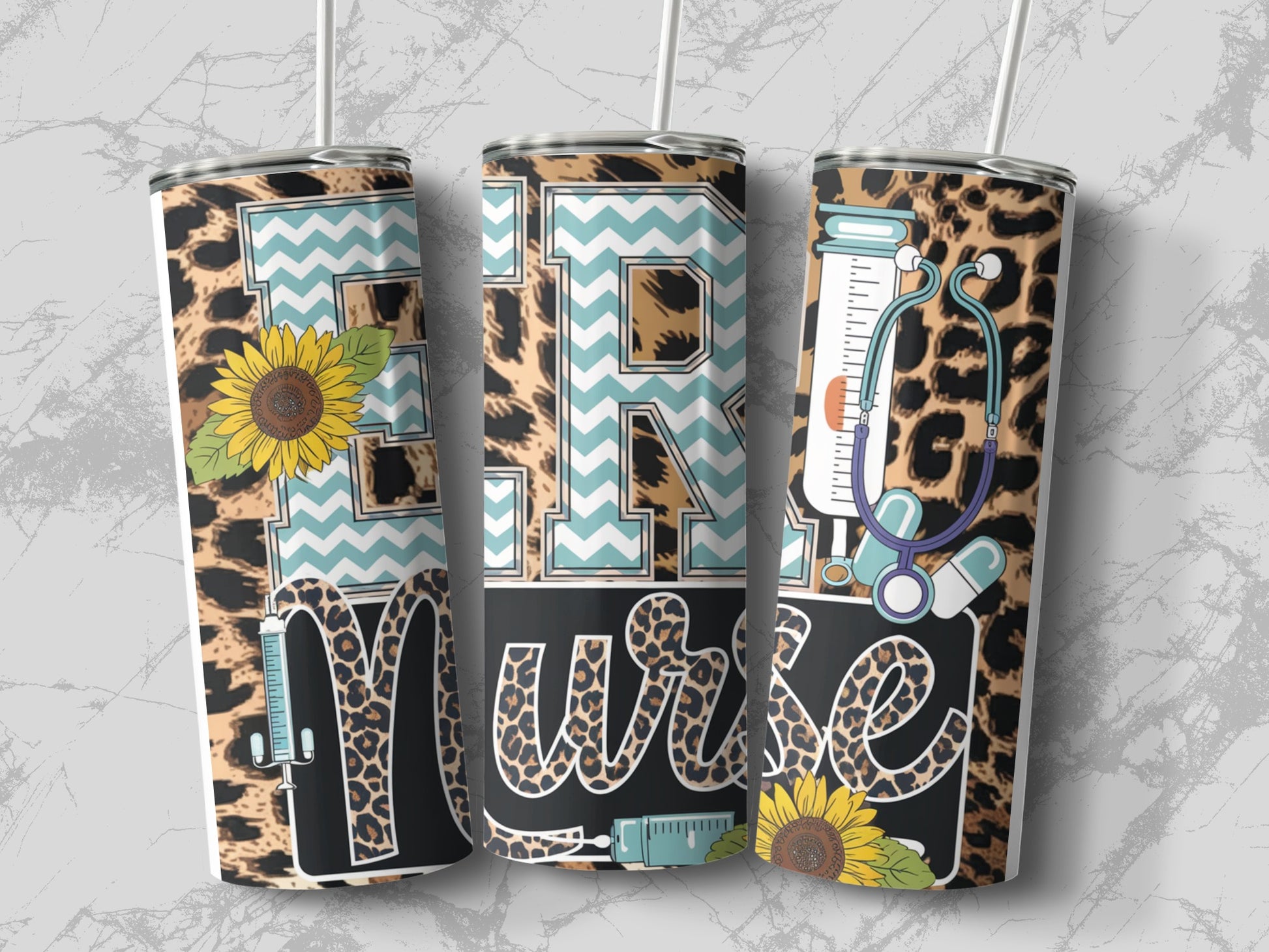 Three tumblers with leopard print, sunflowers, stethoscope, and the word "Nurse."