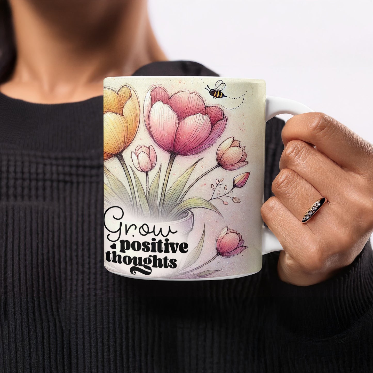 Grow Positive Thoughts Tulips Bee Art Mug product type
