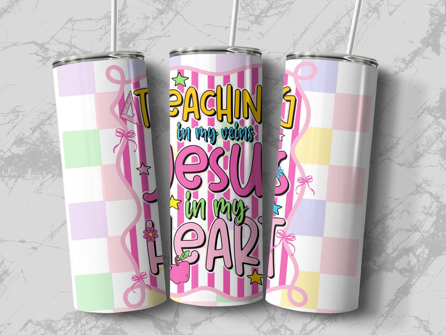 Three tumblers with pink stripes and pastel checkered patterns, featuring text.