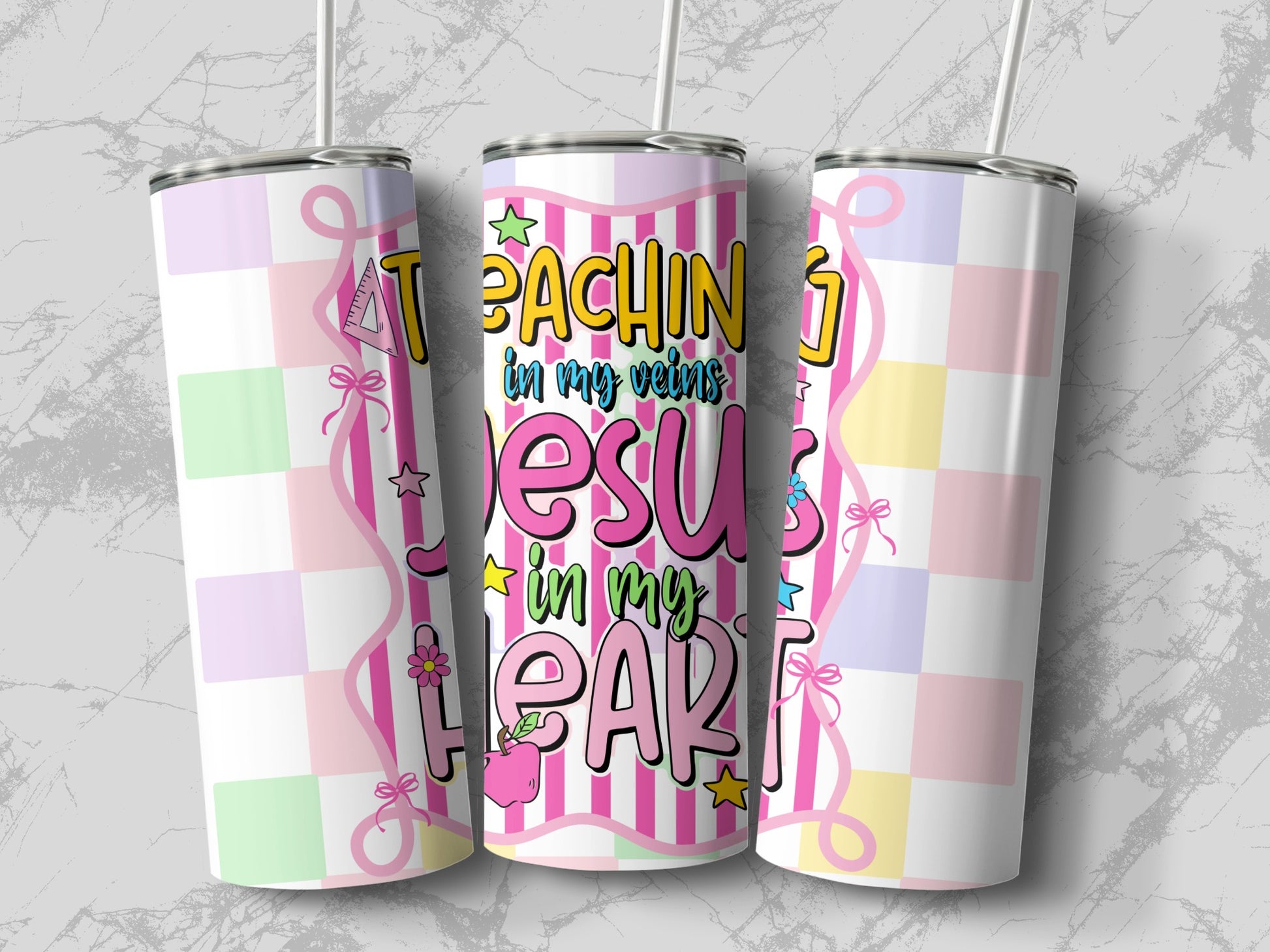 Three tumblers with pink stripes and pastel checkered patterns, featuring text.