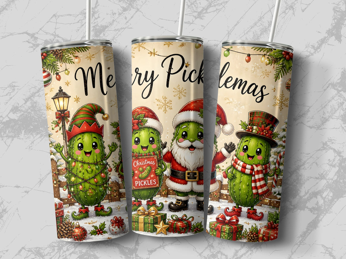 Three views of a stainless steel tumbler featuring a Christmas pickle illustration and the text Merry Picklemas.