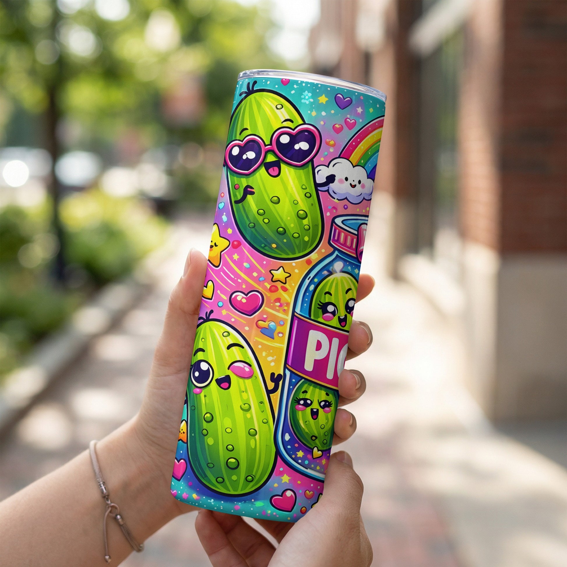 Cute cartoon pickle with sunglasses and rainbow on a colorful tumbler.