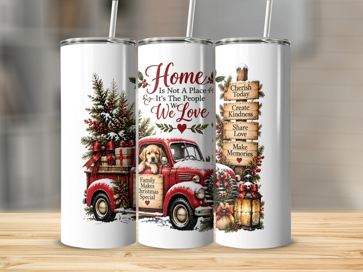 Three white stainless steel tumblers featuring a Christmas-themed red truck graphic with a golden retriever puppy and holiday text.