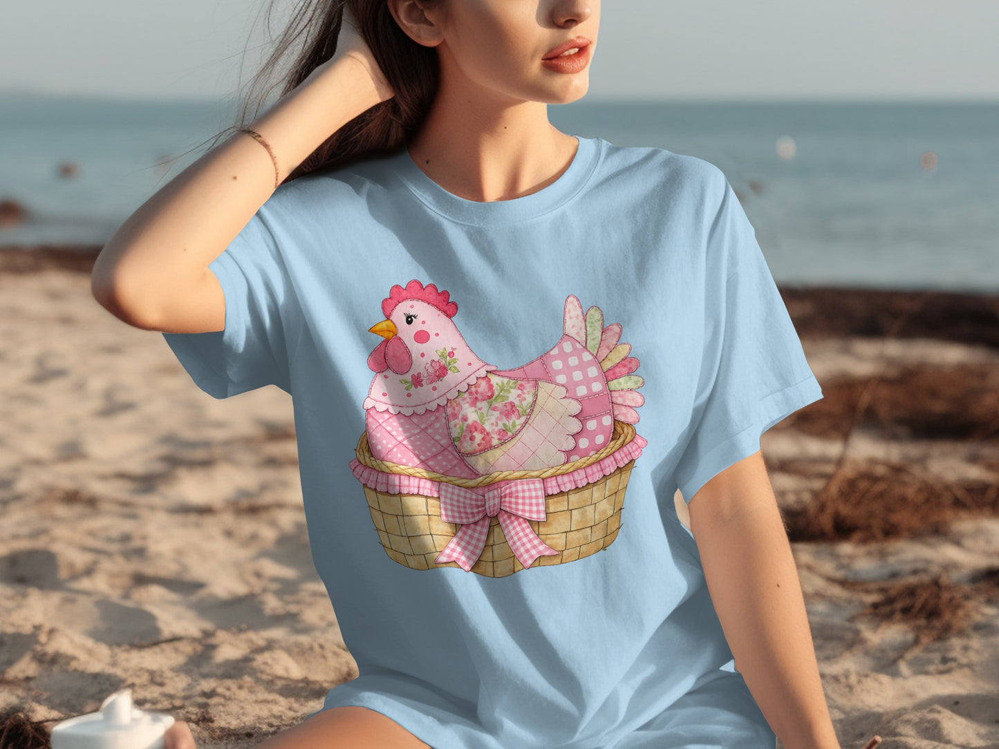 Cute Chicken in Basket with Pink Bow T-shirt Product