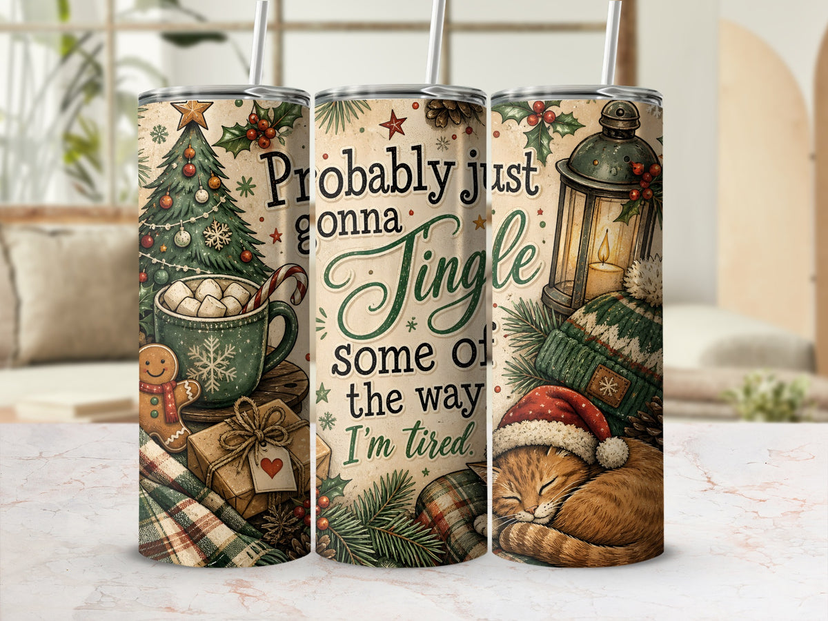 Three tall tumblers with straws feature a vintage Christmas design of a tree, lantern, and cat.