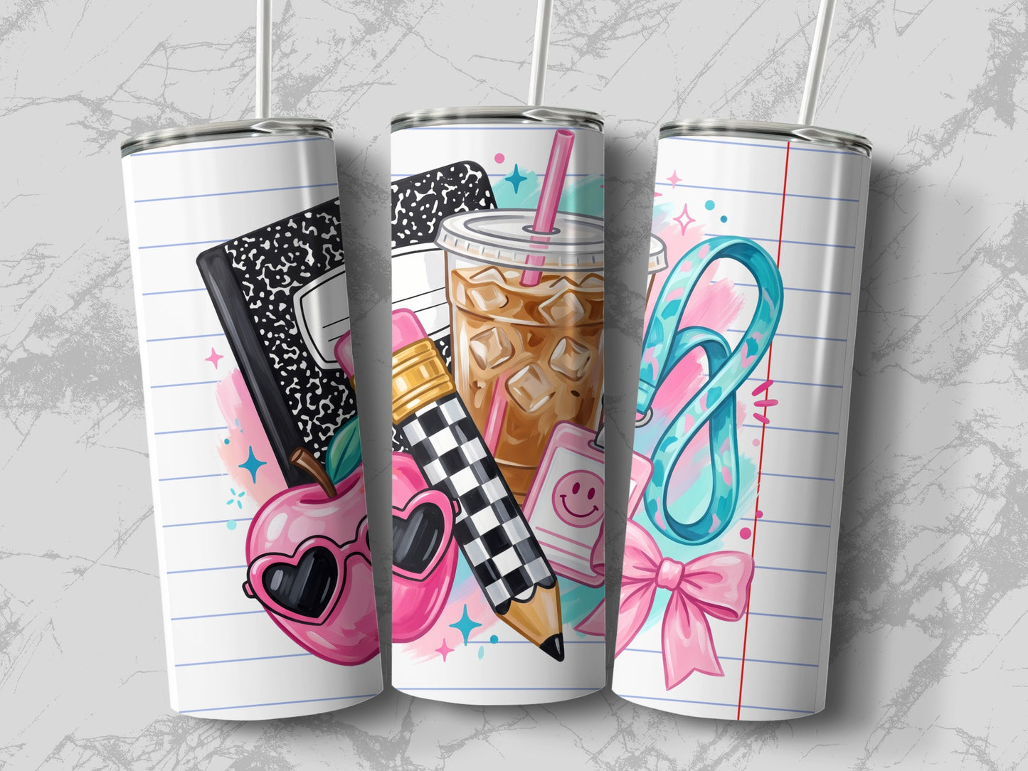 Three tumblers with school-themed graphics including a notebook, apple, iced coffee, and pencil.