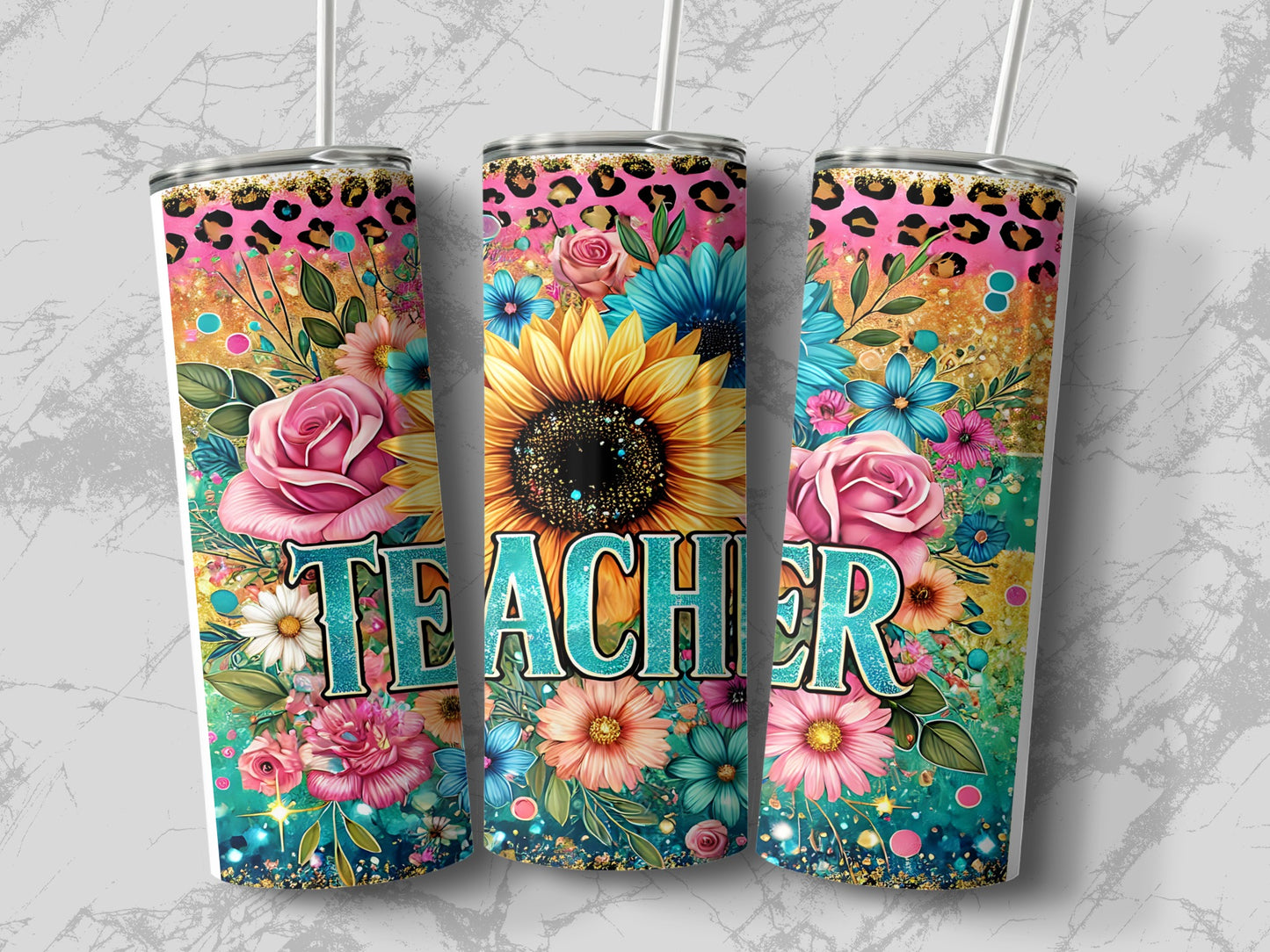 Three tumblers with floral designs and the word TEACHER.
