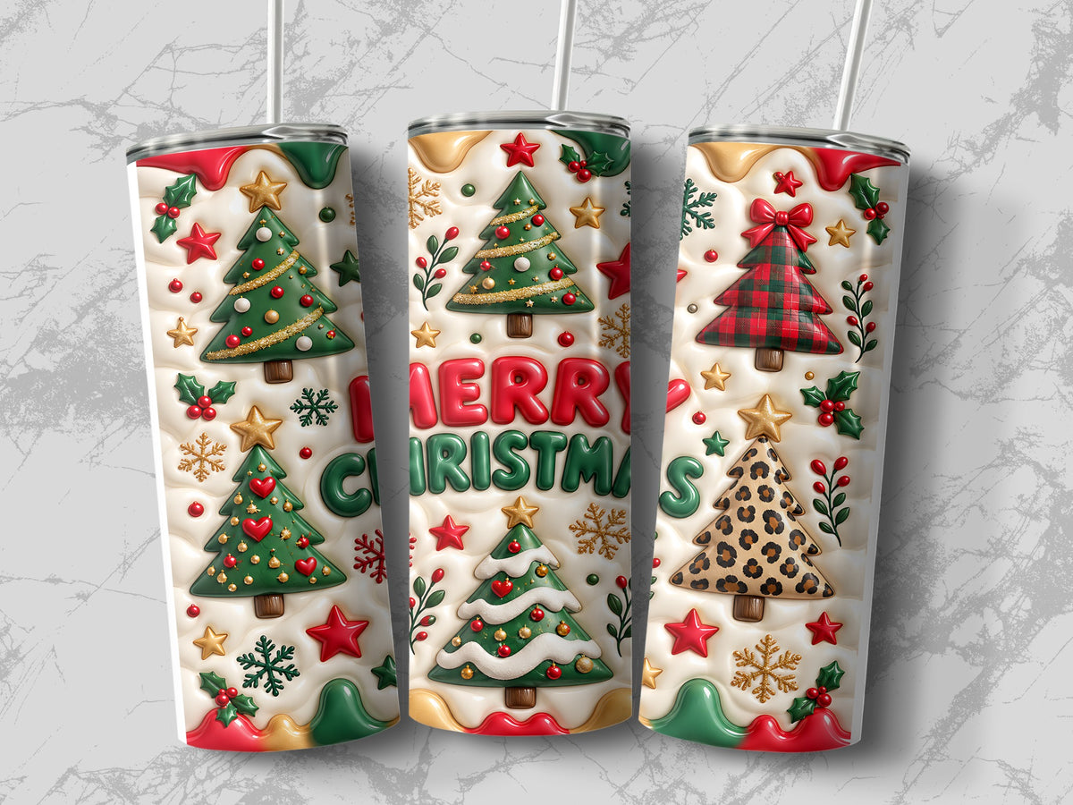 Three tall tumblers display an embossed, 3D Christmas-themed design featuring decorated pine trees and the text Merry Christmas.