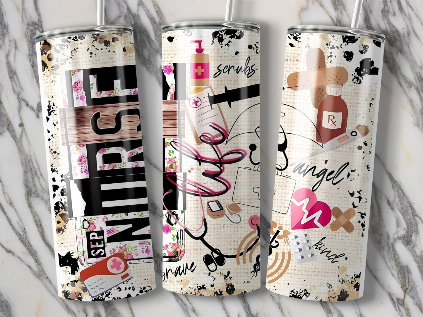 Nurse themed tumbler with stethoscope, syringe, and medical cross designs.