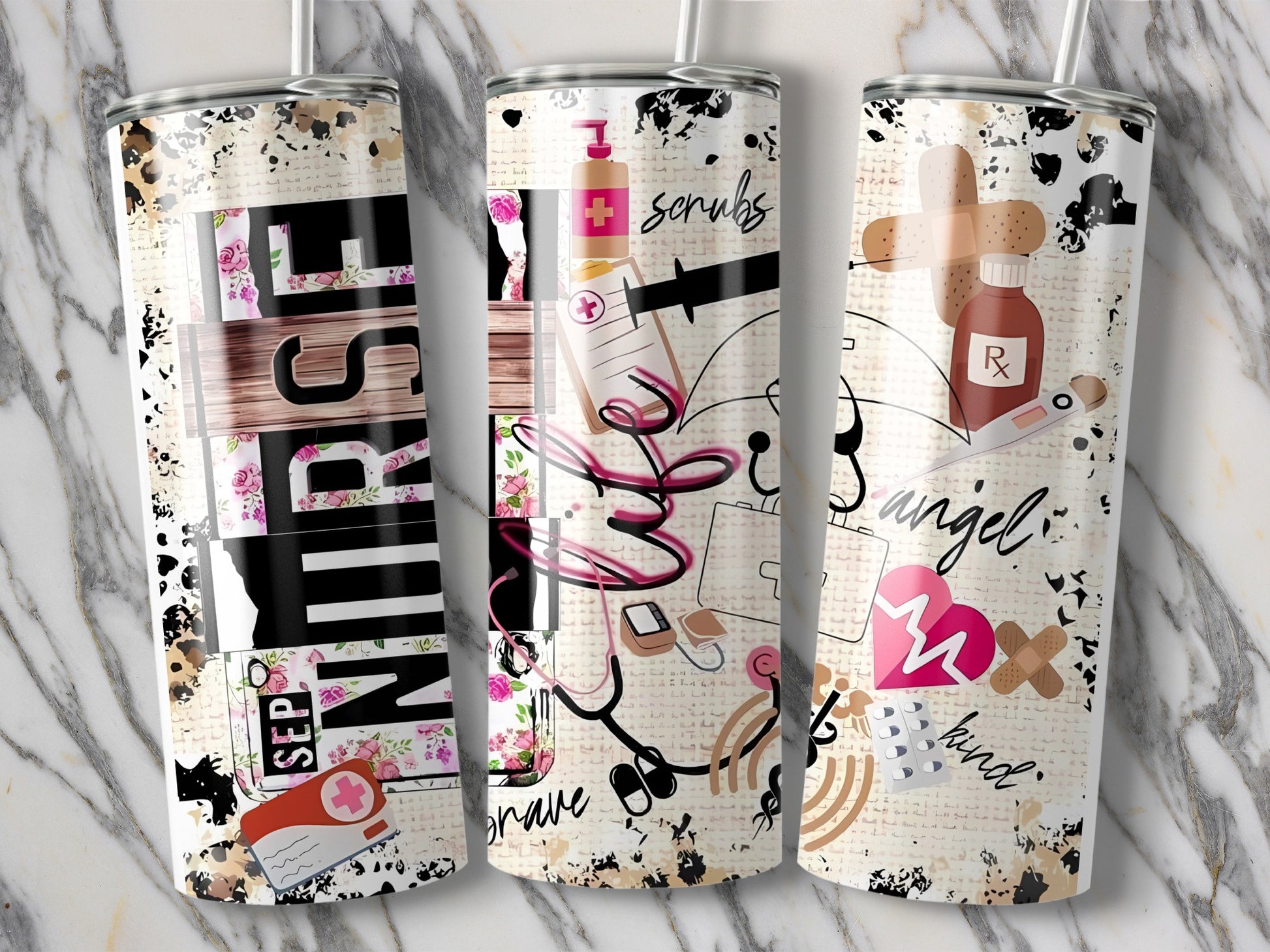 Nurse themed tumbler with stethoscope, syringe, and medical cross designs.