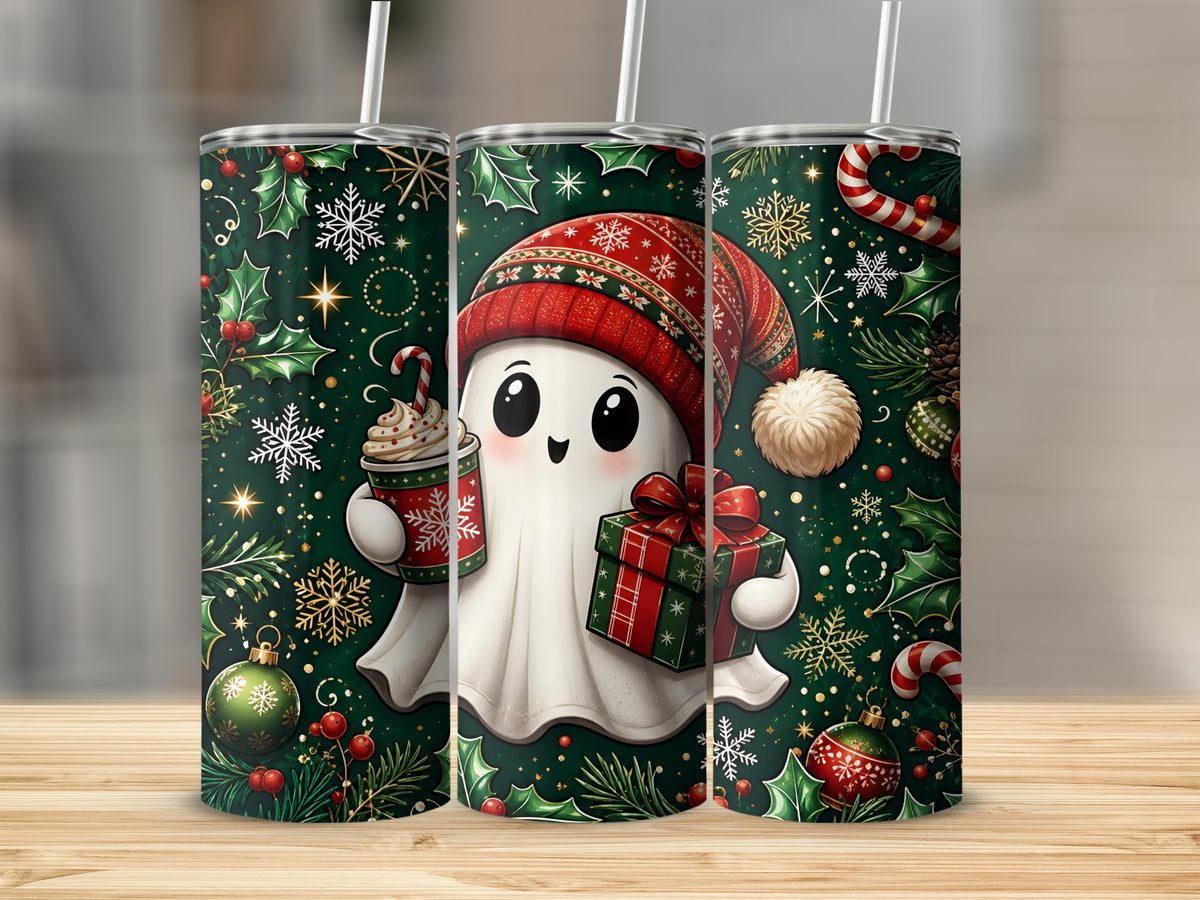 Three metal tumblers on a wooden surface feature a Christmas ghost pattern with snowflakes and holiday decorations.