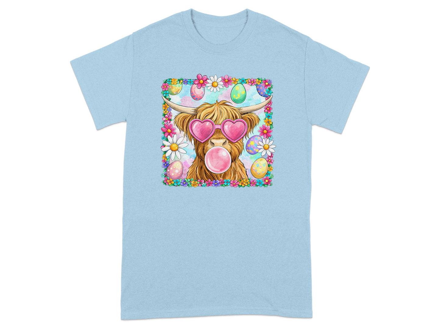 Funny Easter Highland Cow with Pink Bubble T-Shirt