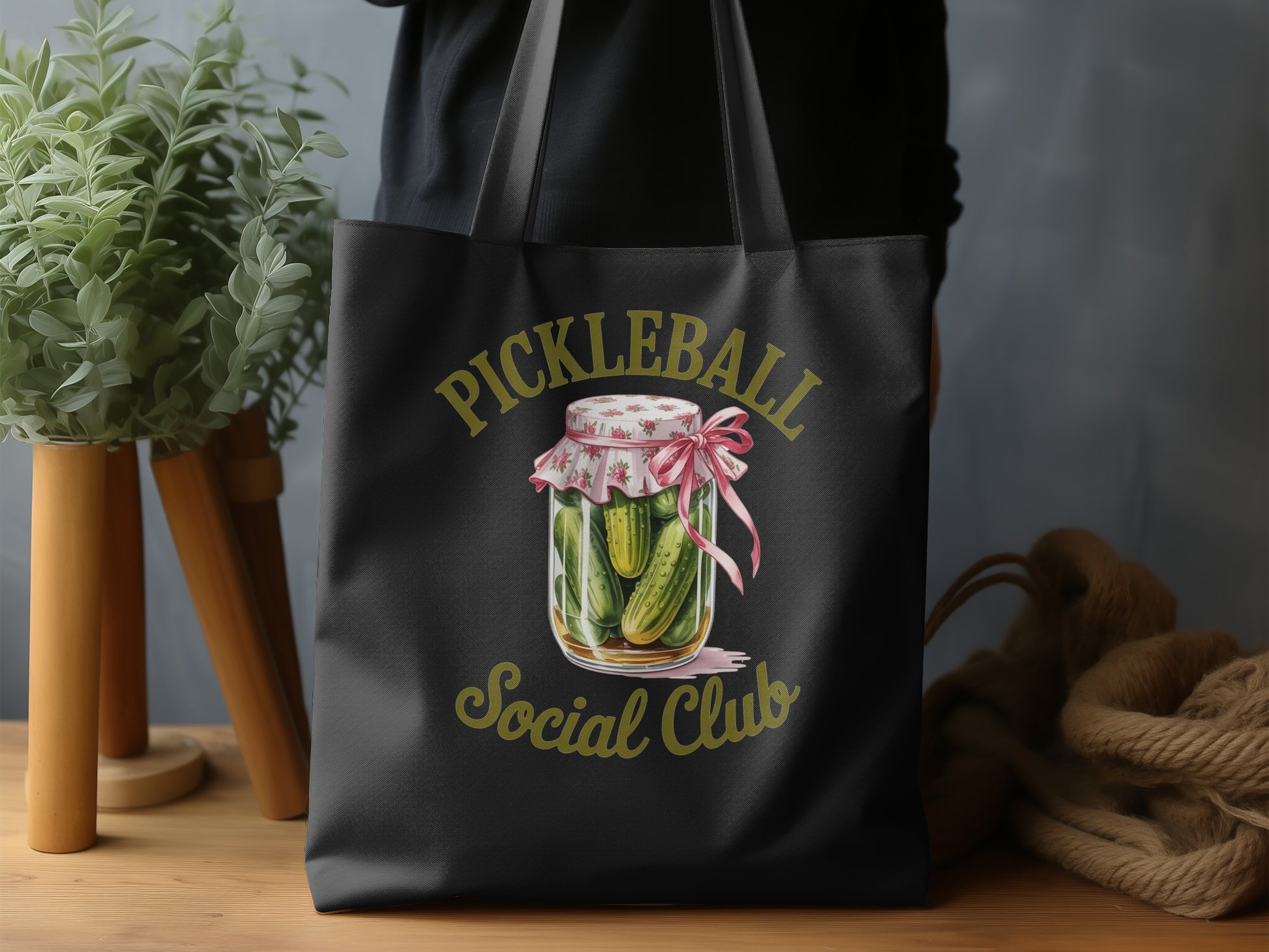 Black tote bag with "Pickleball Social Club" and jar of pickles graphic.