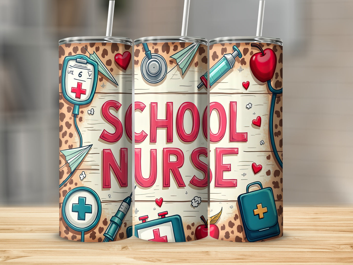 School Nurse tumbler with medical icons and apples.