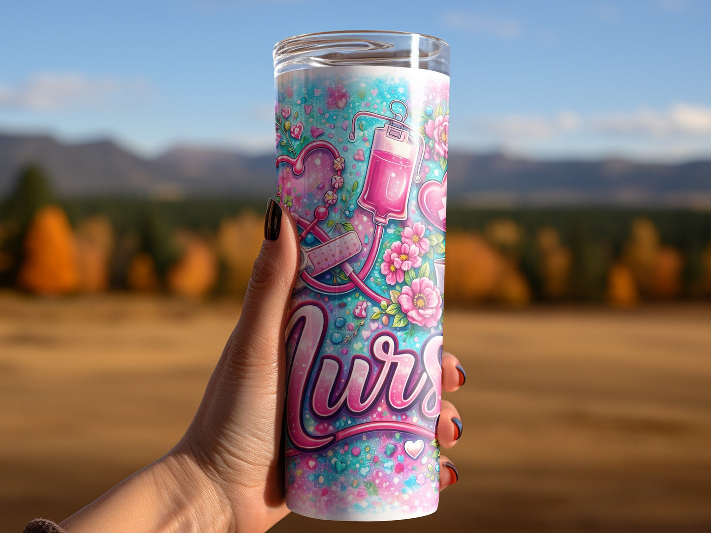 Tumbler with nurse-themed design held in a hand, blurred natural background.