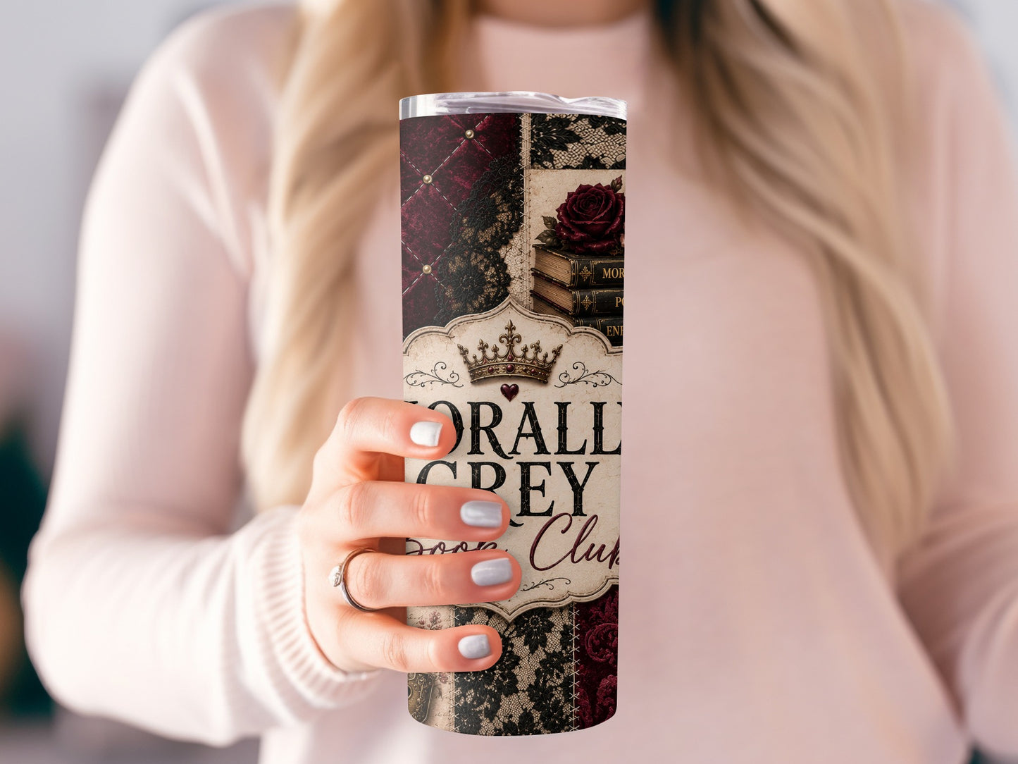 Tumbler with "Morally Grey Club" text, books, roses, and lace pattern.