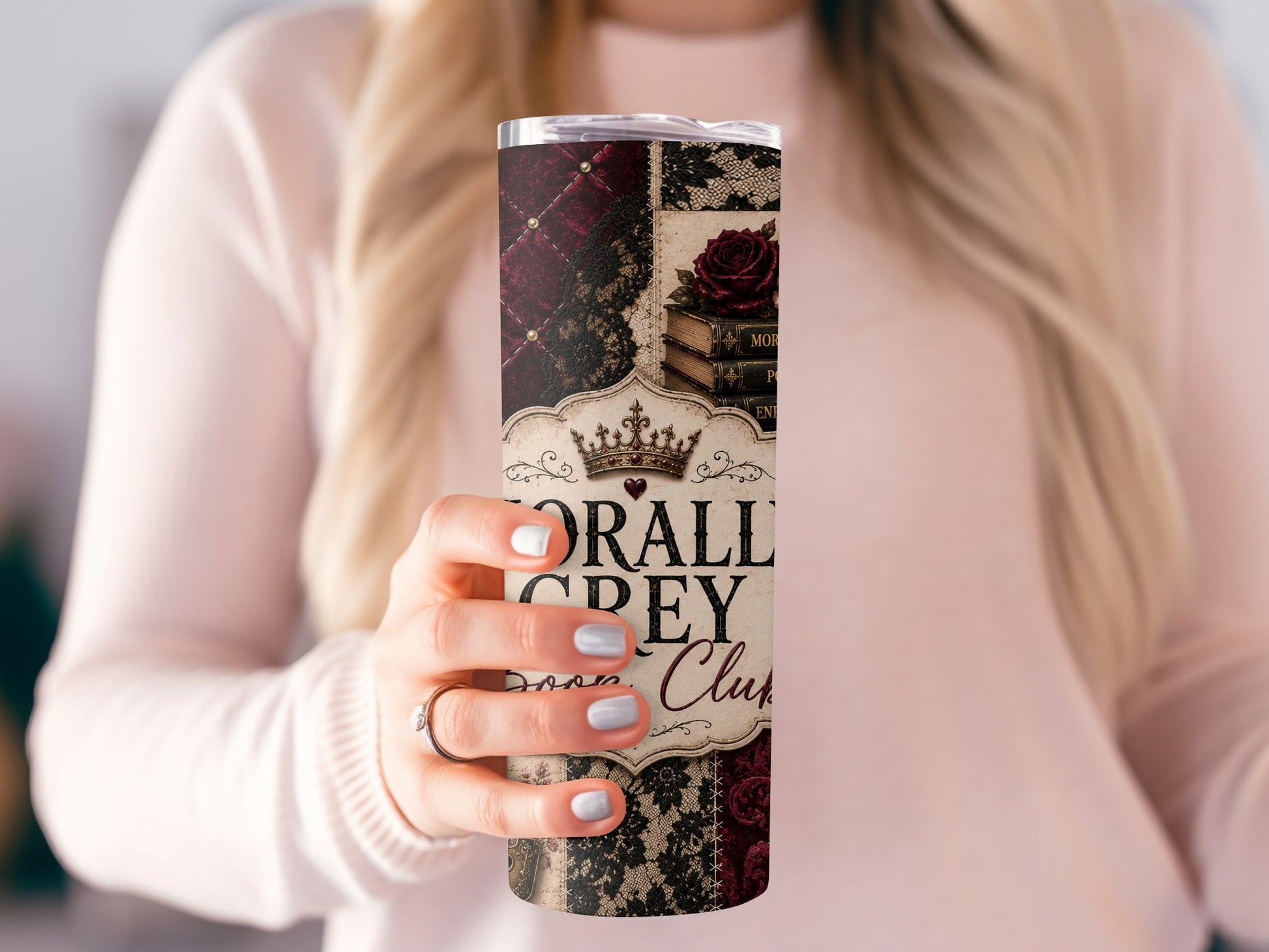 Tumbler with "Morally Grey Club" text, books, roses, and lace pattern.