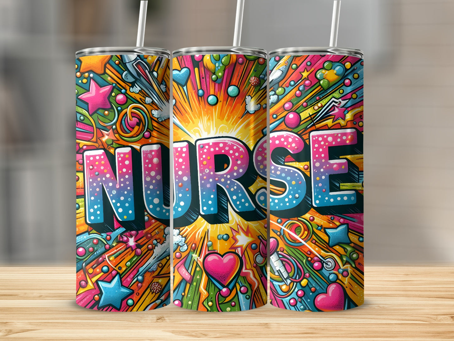 Nurse tumbler with colorful cartoon-style graphics and bright explosions.