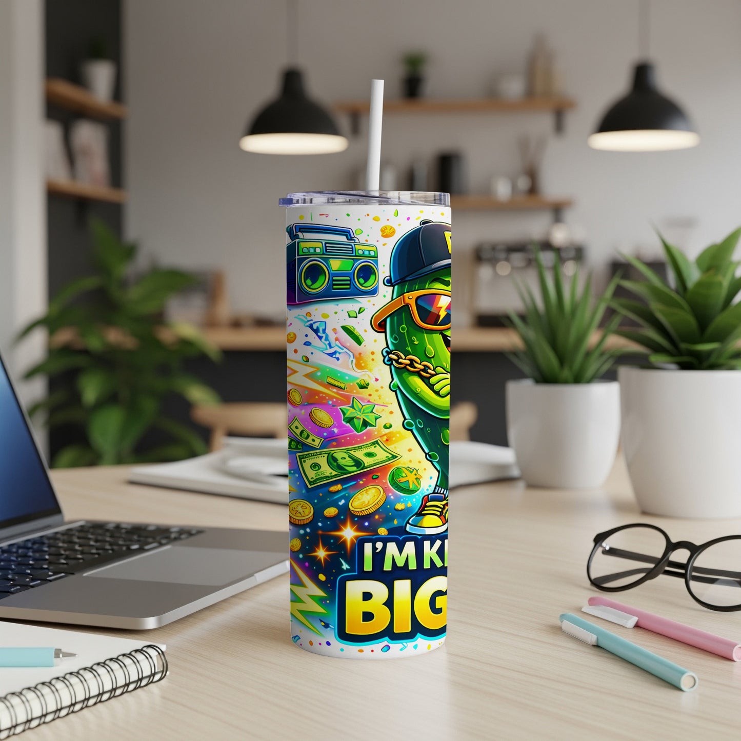 Tumbler with cartoon pickle wearing sunglasses and "I'M A BIG DILL" text.