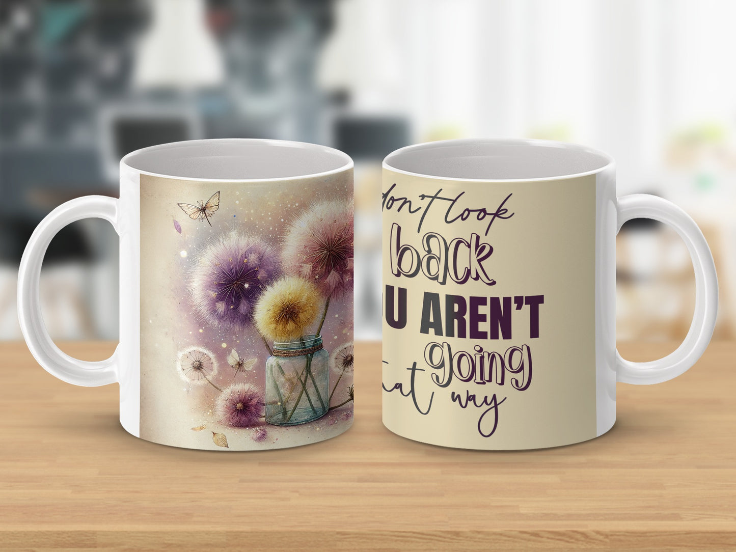 Dandelion Art Inspirational Quote Mug product type
Mug, Dandelion, Butterfly, Quote, Inspirational, Motivational, Floral, Purple, Yellow, Drinkware, Home decor, Gift, Unique design, Positive vibes, Artwork, Aesthetic, Coffee cup, Tea mug, Desk decor, Dandelion wishes