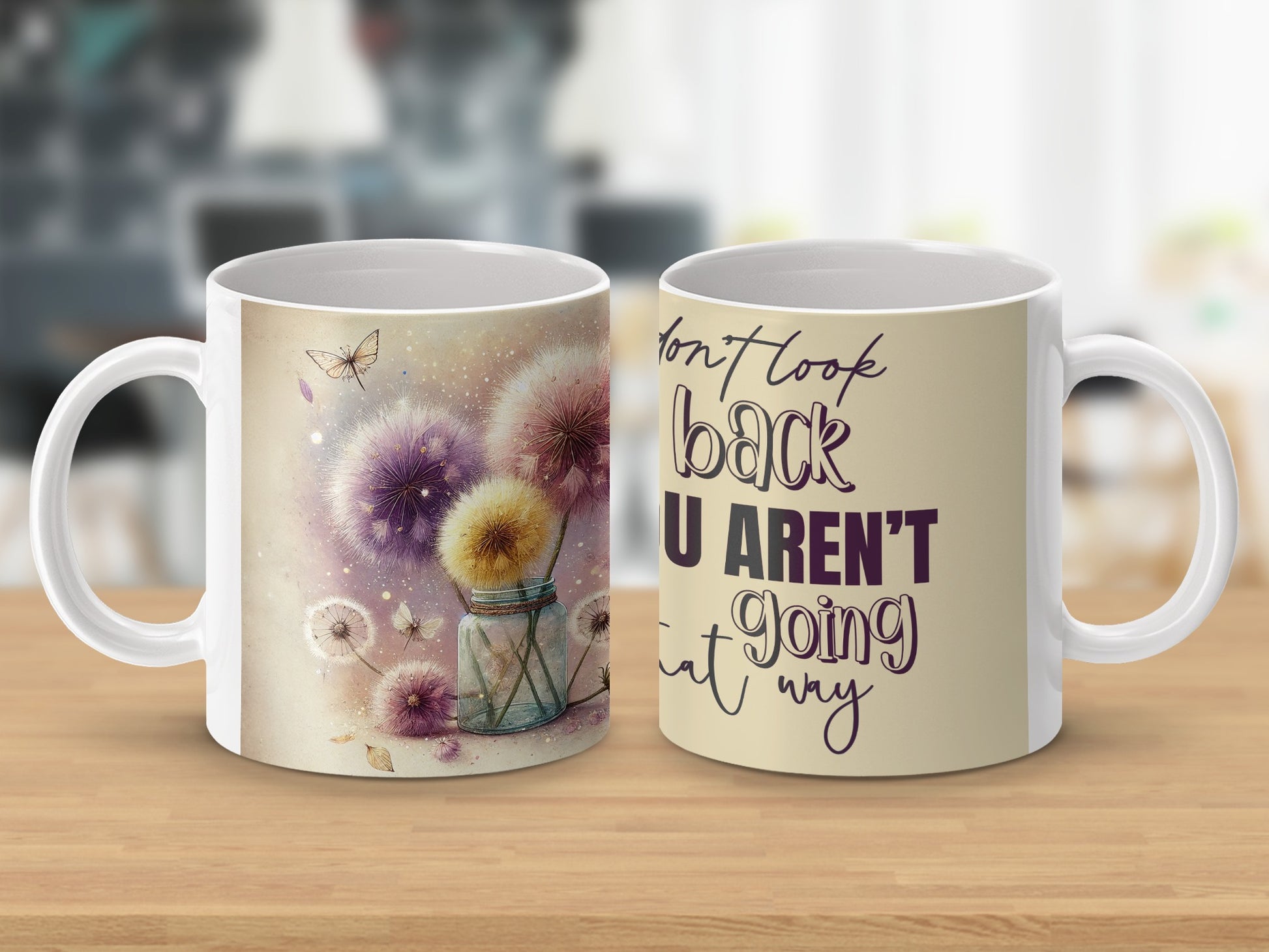 Dandelion Art Inspirational Quote Mug product type
Mug, Dandelion, Butterfly, Quote, Inspirational, Motivational, Floral, Purple, Yellow, Drinkware, Home decor, Gift, Unique design, Positive vibes, Artwork, Aesthetic, Coffee cup, Tea mug, Desk decor, Dandelion wishes
