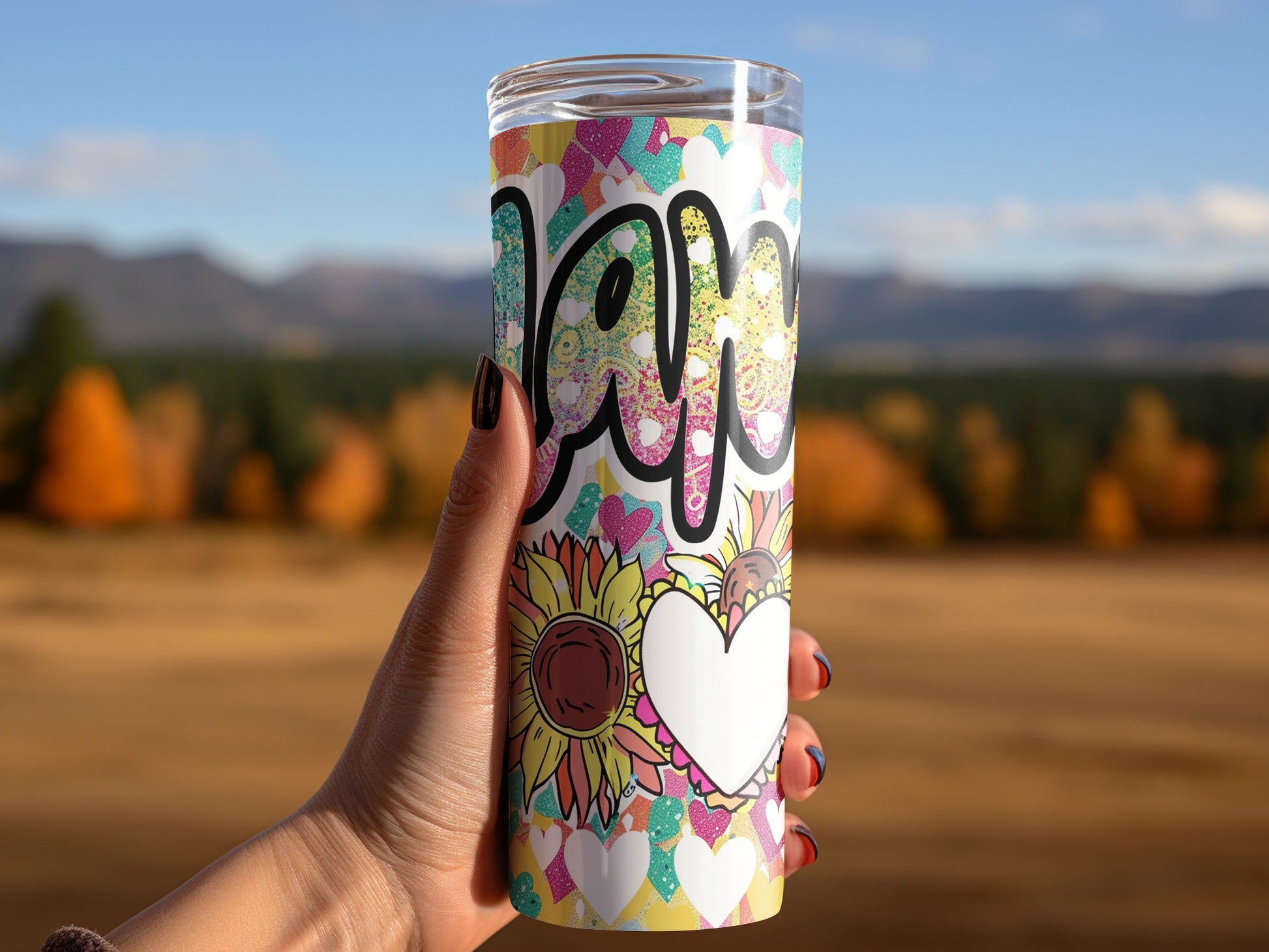 Colorful Floral Patterned Tumbler with Heart and Joy Design