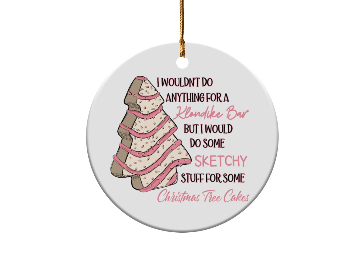 Round ornament with Christmas tree cake illustration and text about Klondike Bar and Christmas Tree Cakes.