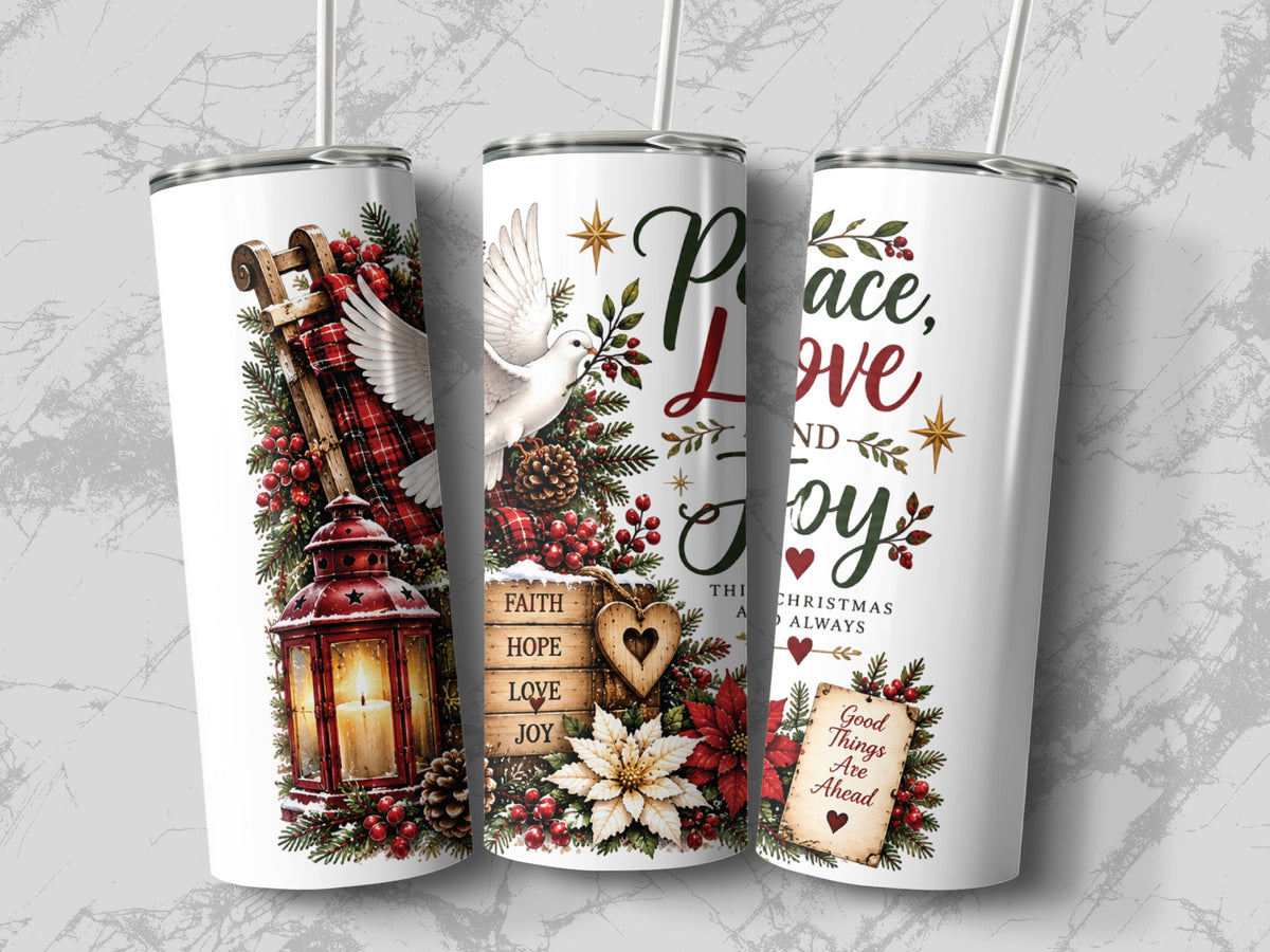 Three white tumblers with matching Christmas graphics, including a dove, lantern, and the text Peace Love and Joy.
