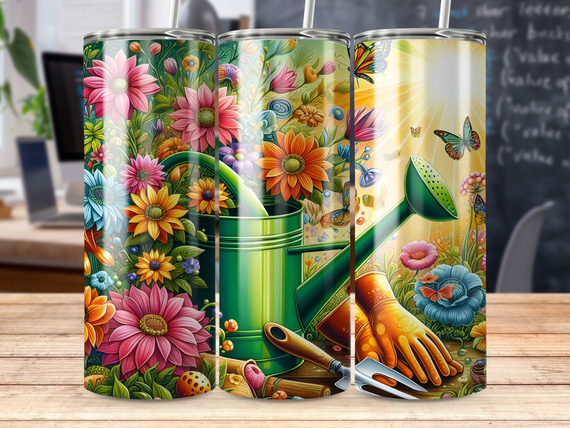 Floral watering can with gardening tools and butterflies, rendered in vibrant colors.