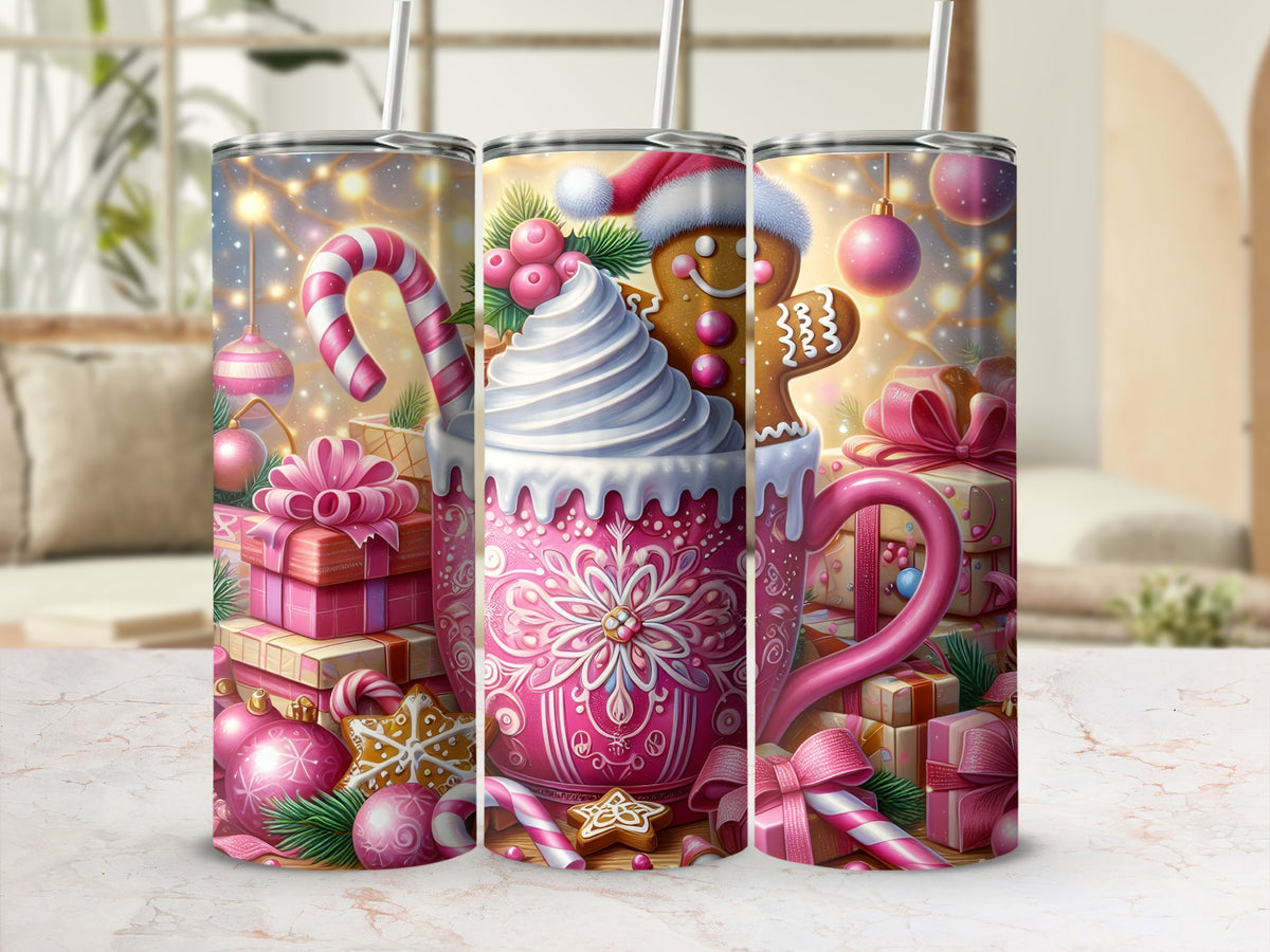 Three pink insulated tumblers feature a festive Christmas design showing a large mug of hot cocoa, gifts, and ornaments.