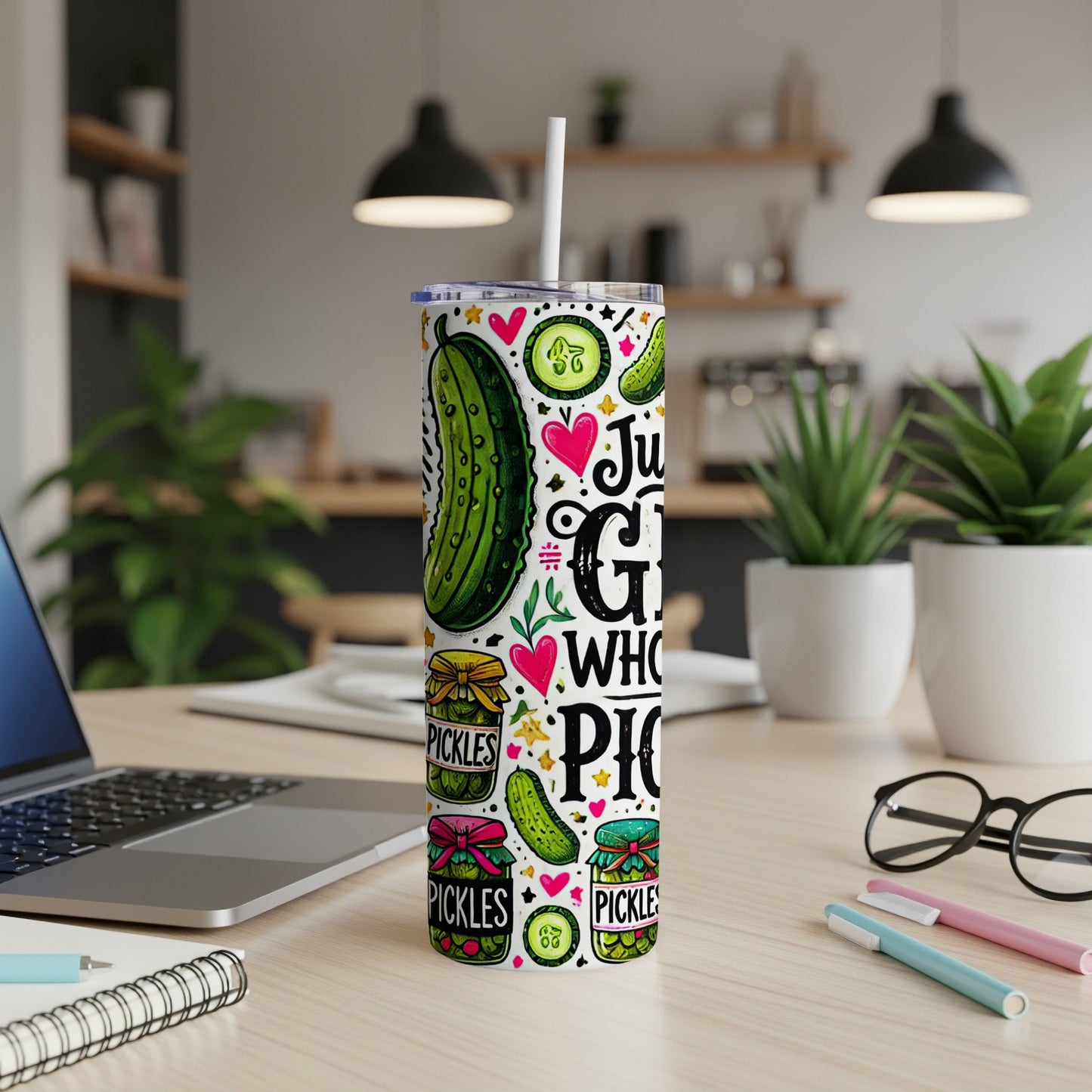 Tumbler with pickles, hearts, and "Just love whole pickles" text.
