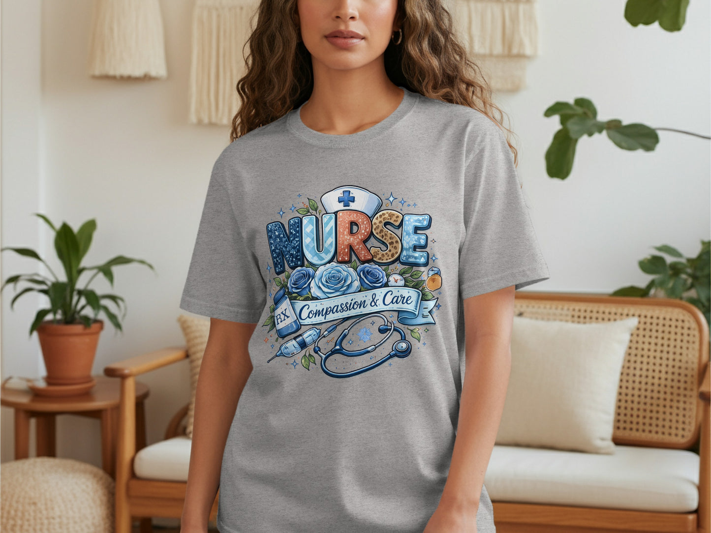 Gray t-shirt with "RN Nurse" text, stethoscope, and blue roses design.