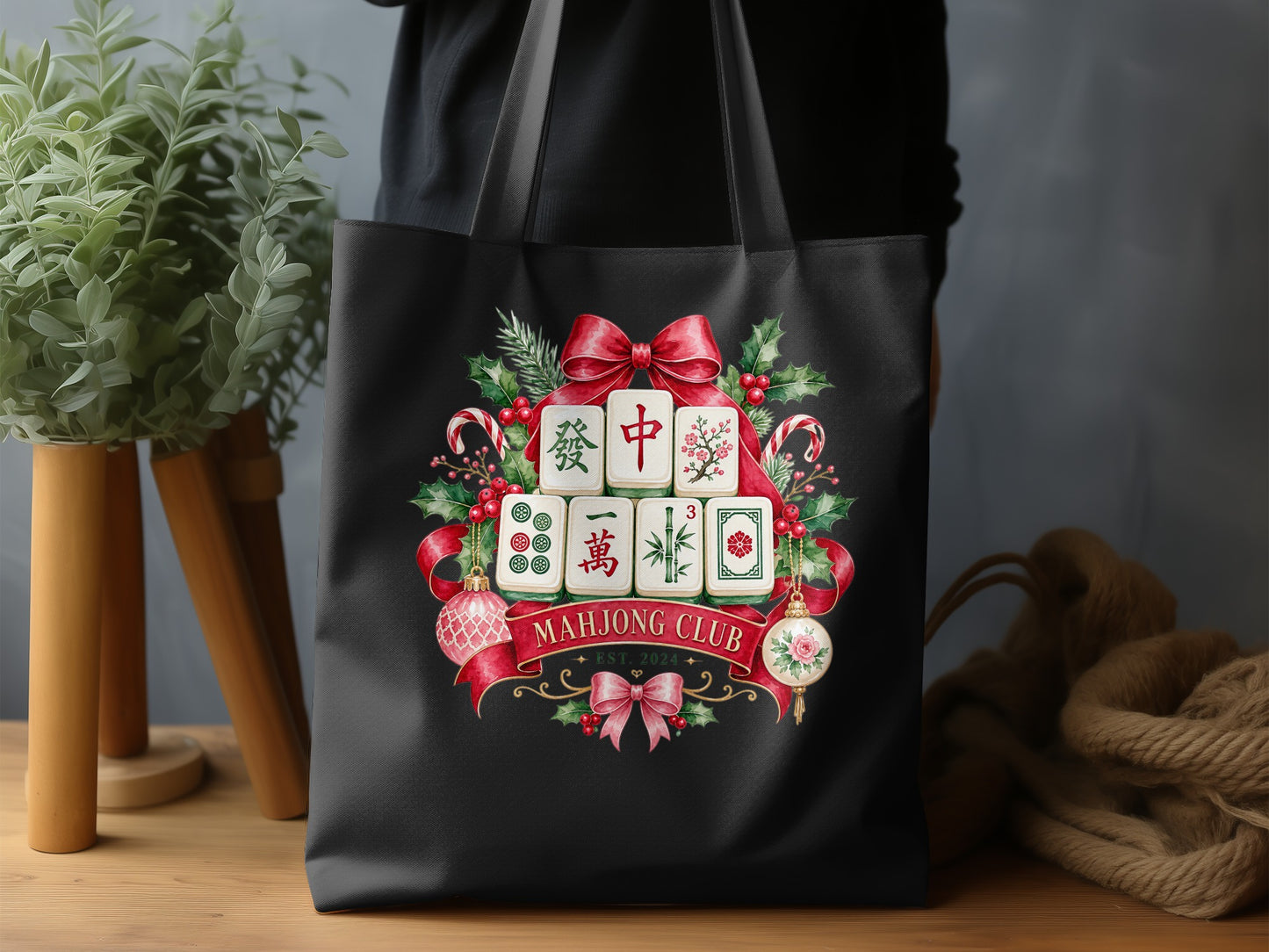 Black tote bag with a Mahjong Club Christmas design.