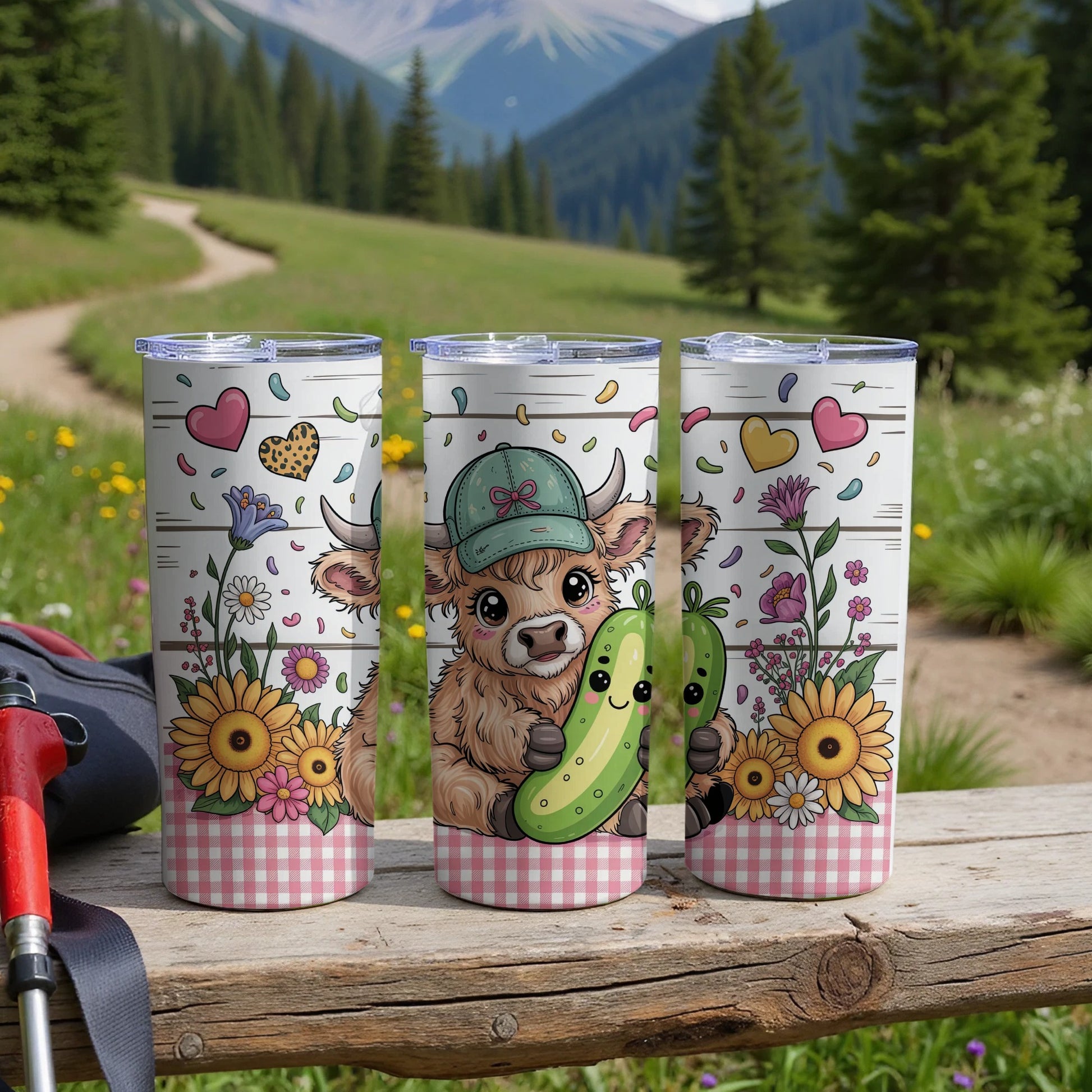 Three tumblers with a cow holding a pickle, sunflowers, and hearts on a wooden surface.