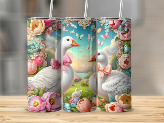 Two white geese with pink bows surrounded by flowers and butterflies.