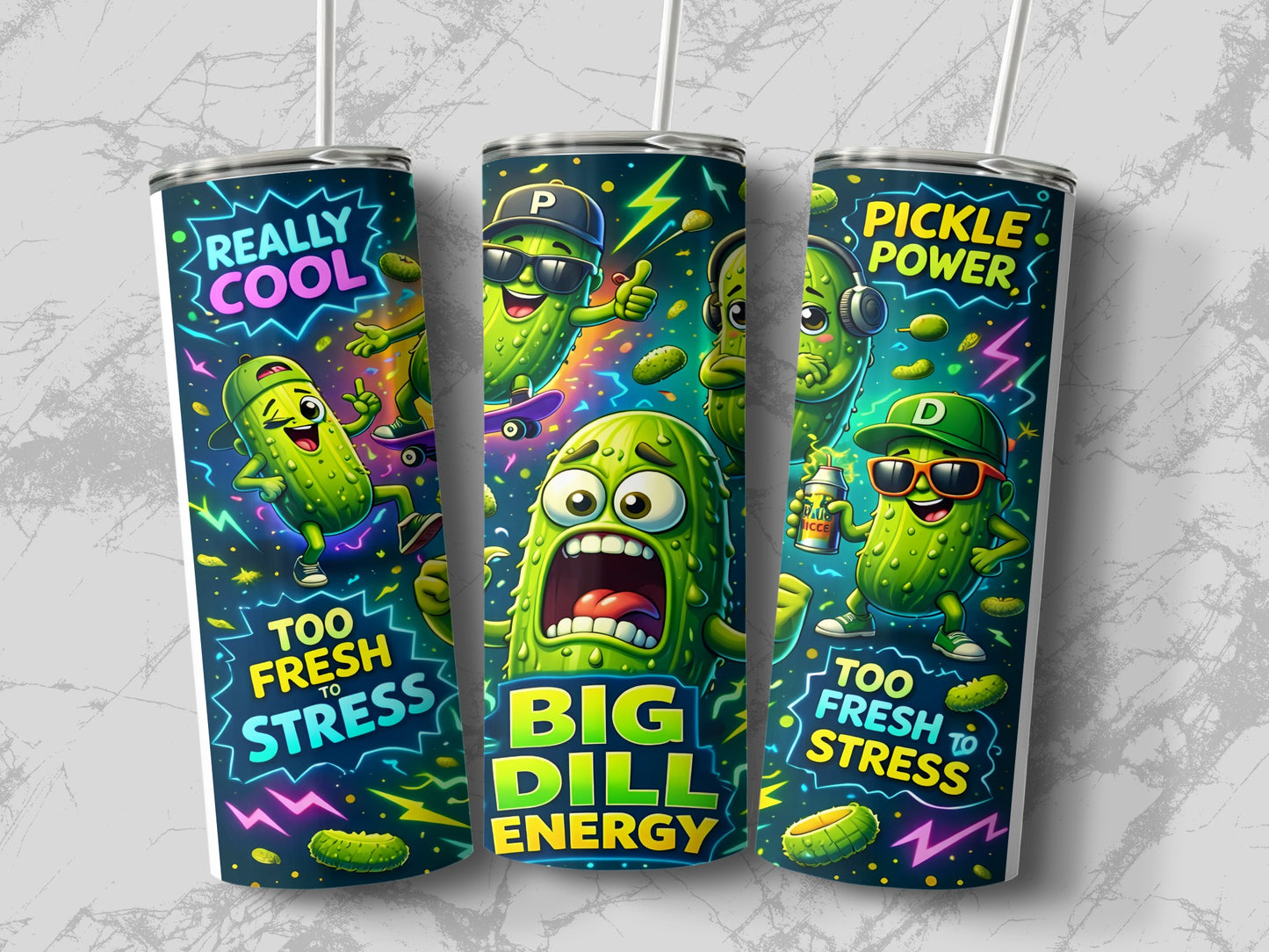 Three tumblers with cartoon pickles, "Big Dill Energy" and "Too Fresh to Stress".