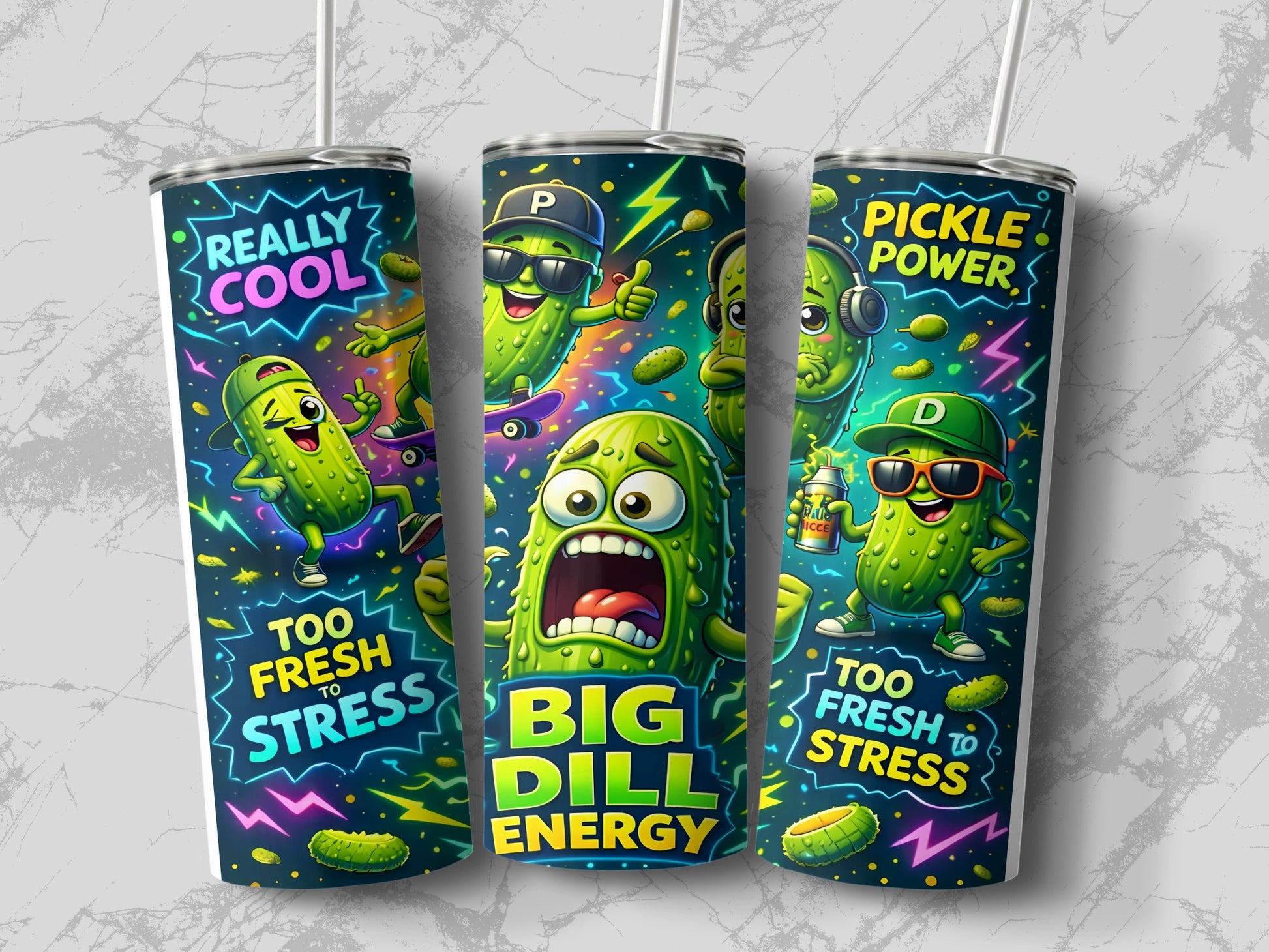 Three tumblers with cartoon pickles, "Big Dill Energy" and "Too Fresh to Stress".