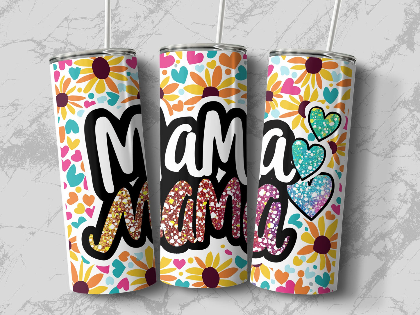 Colorful Floral Design Mama Tumbler with Heart Accents