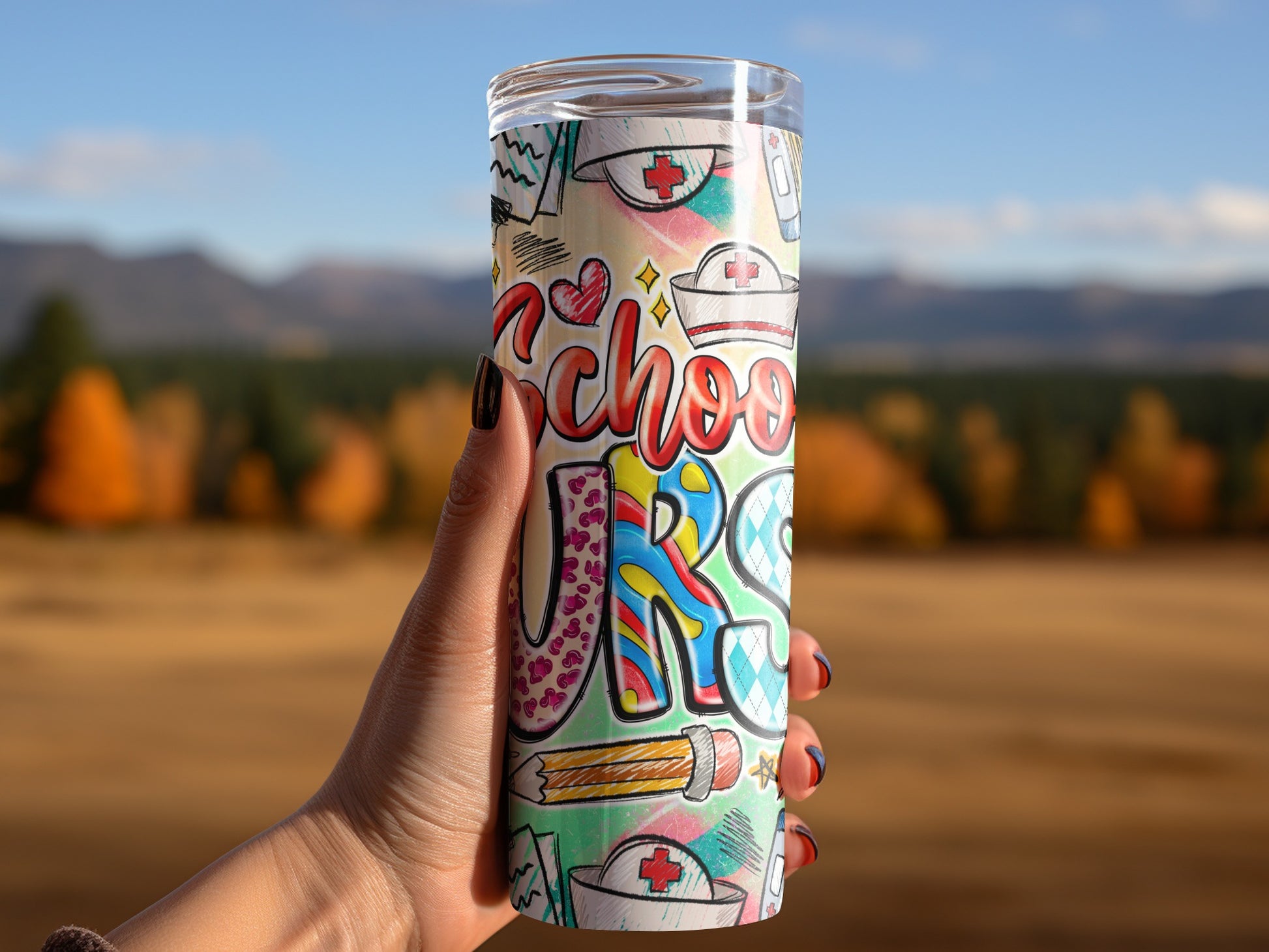Nurse school tumbler with medical and school-themed illustrations.