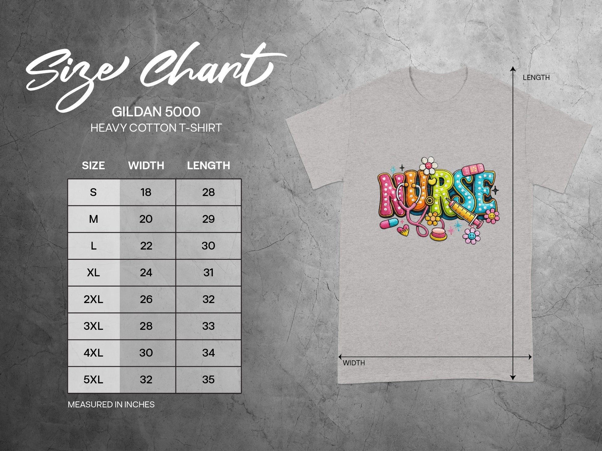 Gildan 5000 t-shirt size chart with width and length measurements in inches.